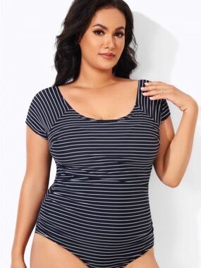 NWT Meet.Curve Striped Scoop Neck One-Piece Swimsuit - black/White